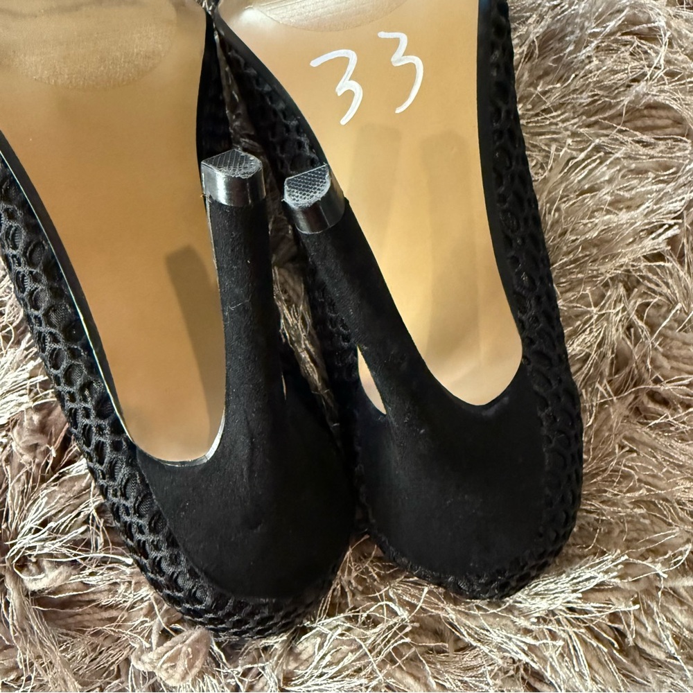 Betsey Johnson Black Mesh Heels with Fluffy Accent - Picture 8 of 10